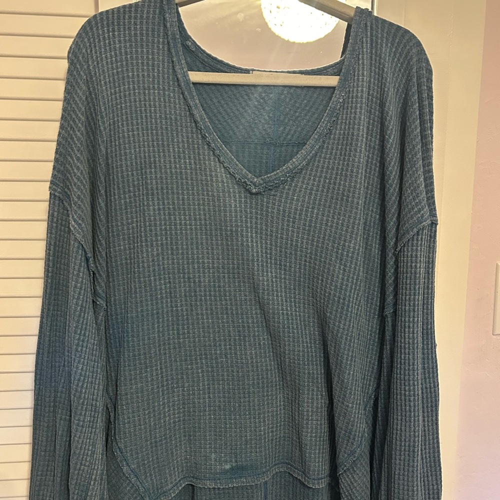 We The Free Blue Waffle Knit V-Neck Top